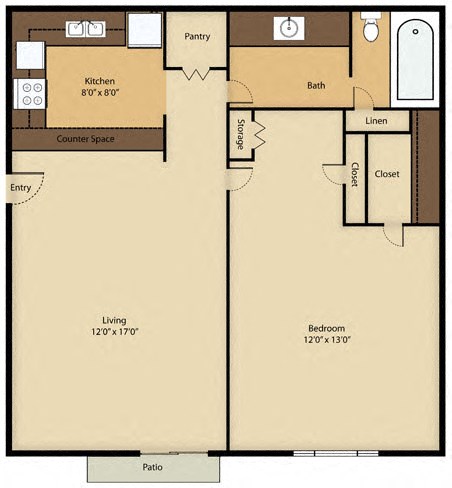 Floor plan for 1 bed, 1 bath, 663 sqft